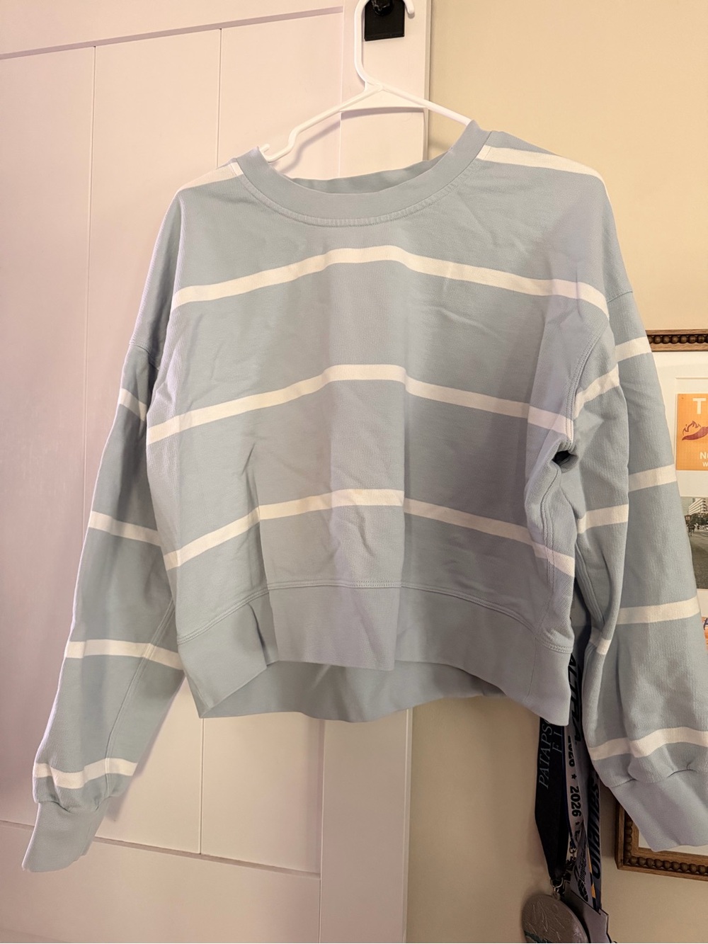lululemon athletica Light Blue and White Striped Cropped Sweatshirt